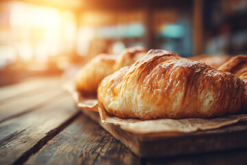 Freshly Baked Croissants on Rustic Wooden Table with Warm Morning Light