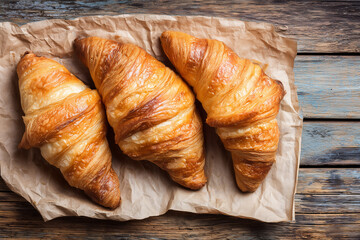 Freshly Baked Croissants on Rustic Paper with Natural Wood Background