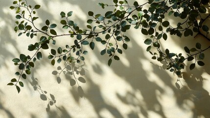Naklejka premium Delicate Shadows of Green Leaves on a Light Yellow Wall