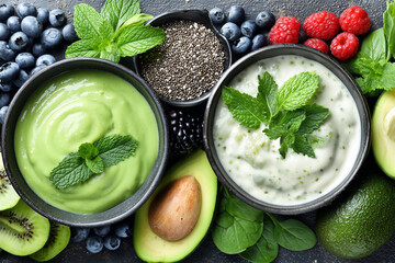 Fresh Breakfast Bowl with Avocado, Smoothie, and Assorted Berries for a Healthy Start
