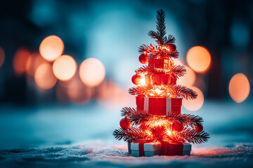 Charming Christmas Tree with Gifts Under Soft Snowfall in Night Setting