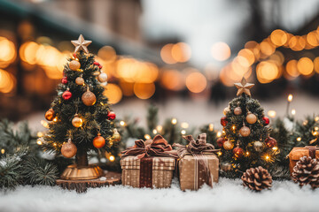 Cozy Christmas Decor with Miniature Trees and Gift Boxes Against a Winter Wonderland Background