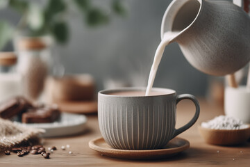 Pouring Milk into a Coffee Cup with Warm Background and Natural Ingredients