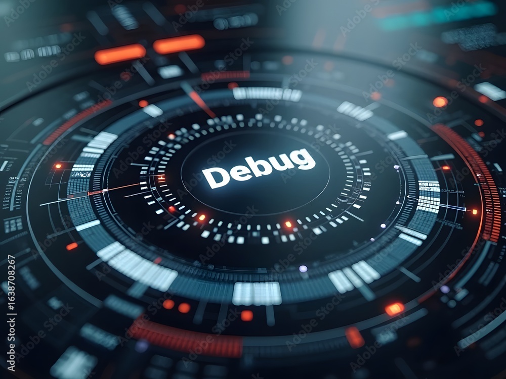 Aufkleber futuristic digital interface displays the word debug in a glowing white font, horizontal composition