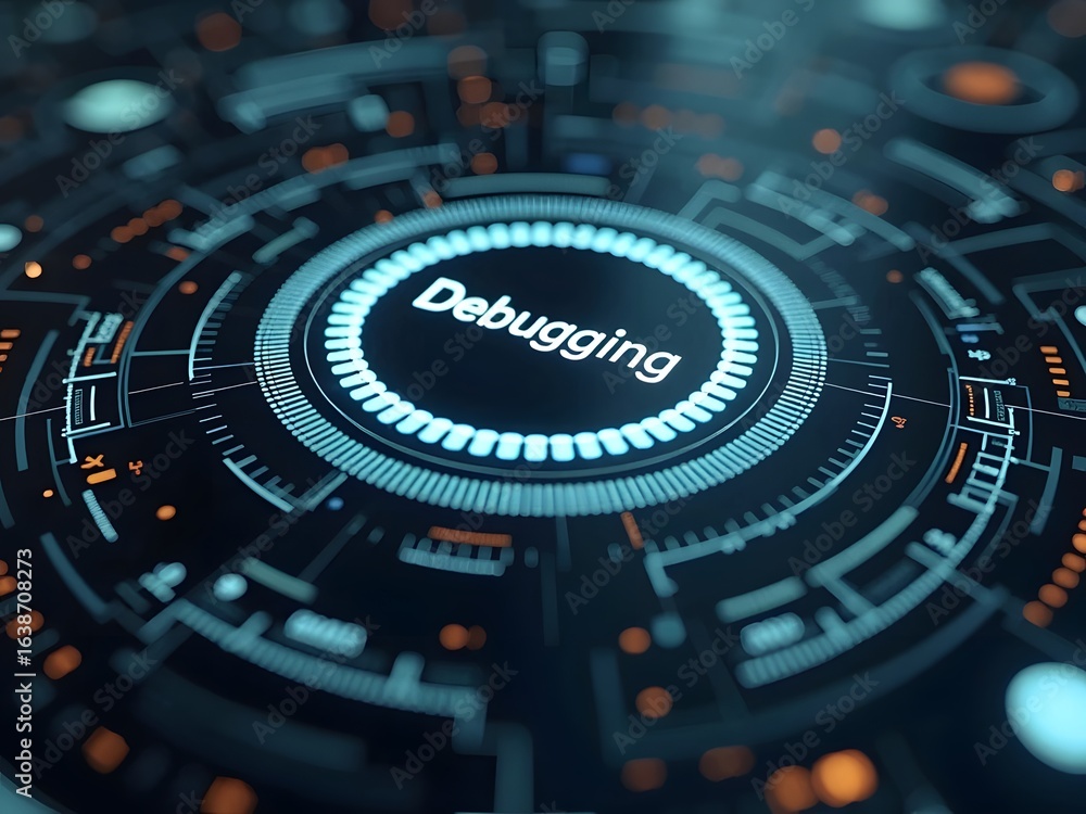 Poster abstract digital debugging interface glows with vibrant teal and orange accents, horizontal composit
