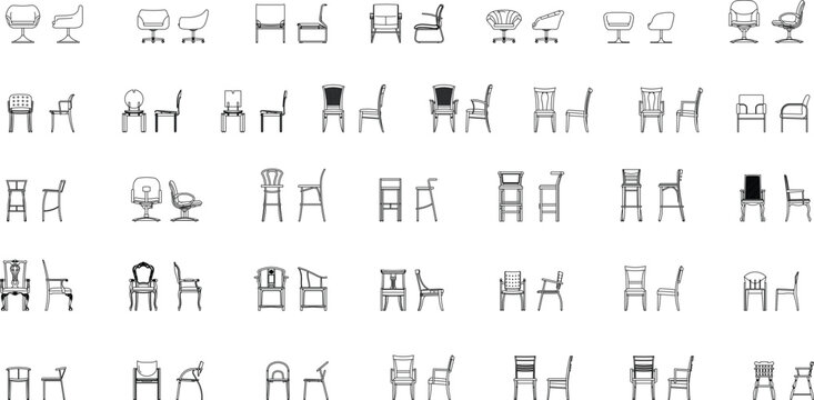 2d vector collection of chair front and side view with black and white outline color