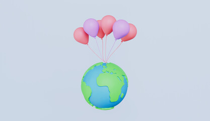 Globe with balloons float isolated on pastel background concept