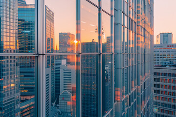 Modern Glass Skyscraper Facade Reflecting Urban Cityscape at Sunset or Sunrise