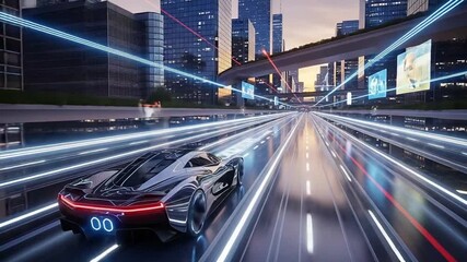 Futuristic Electric Car Driving Through High-Tech City Streets with Digital Overlays and Light Trails - Powered by Adobe