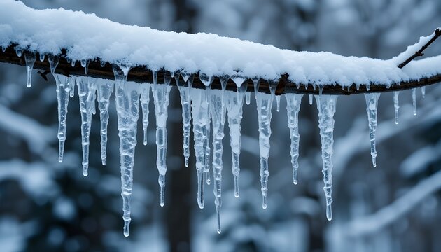 Clear icicles hanging from a tree branch, winter scene
