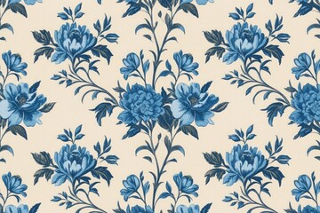 Elegant blue floral pattern on cream background
