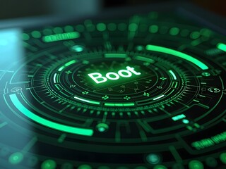 Intricate green glowing circles create a futuristic digital interface, horizontal composition. The word Boot is prominently displayed at the center, suggesting system startup or technology.