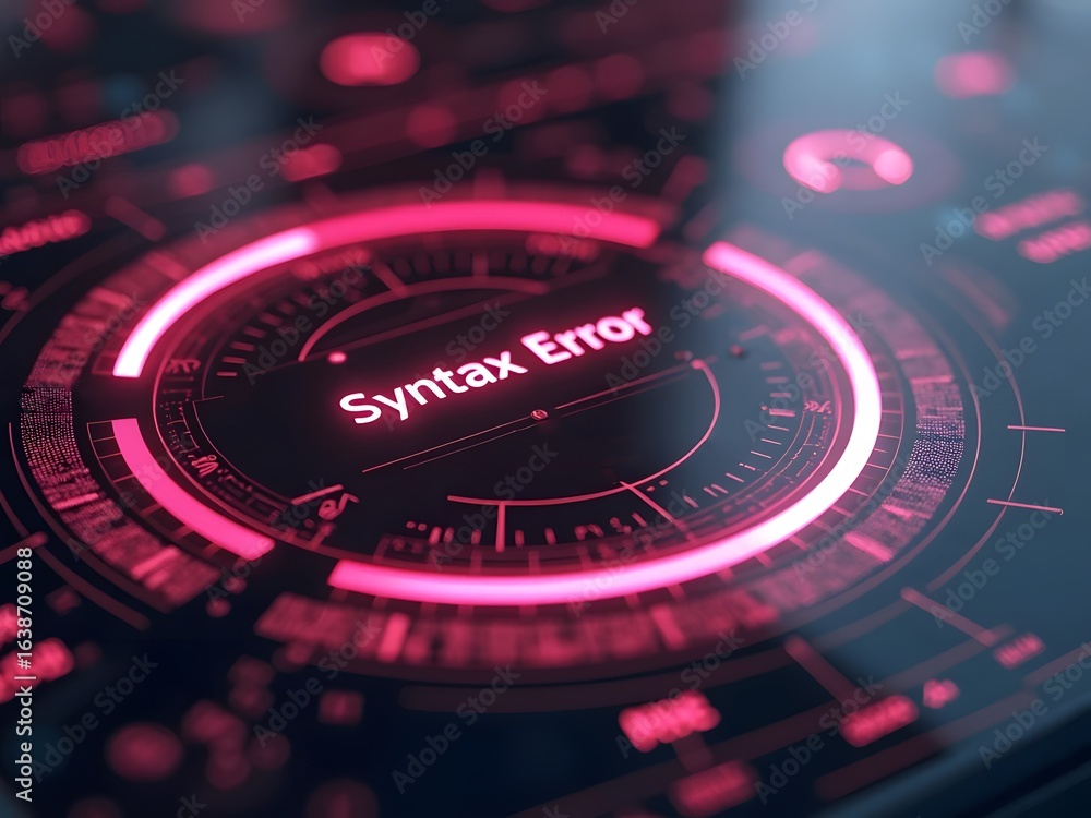 Poster interface displays a glowing pink syntax error message, horizontal composition. the vibrant color pa