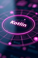 Vibrant pink and blue hues illuminate a futuristic circular interface, vertical composition. The word Kotlin glows brightly at its center, creating a captivating visual for technology.