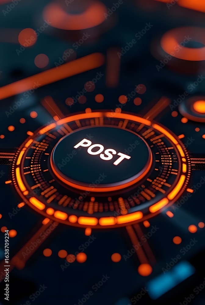 Poster intriguing orange and black digital interface design features a central post button, vertical compos