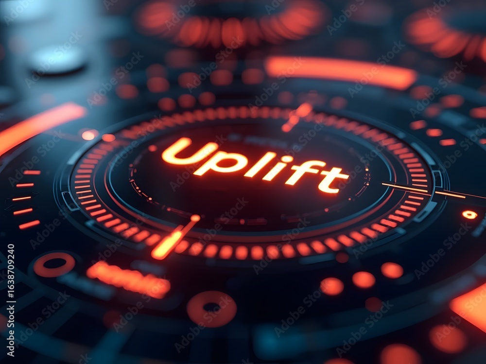 Poster futuristic glowing orange interface displays the word uplift in a dark setting, horizontal compositi