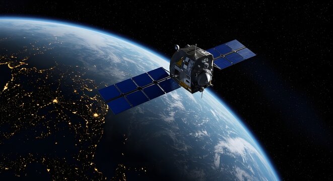 Single communication satellite orbiting Earth, showing blue solar panels and the planet’s night lights with day and night transition from outer space.

