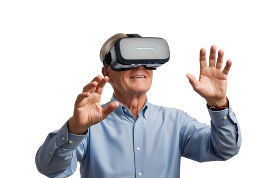 Elderly man with surprised expression using VR headset against white background for immersive technology entertainment education and training simulation - Powered by Adobe