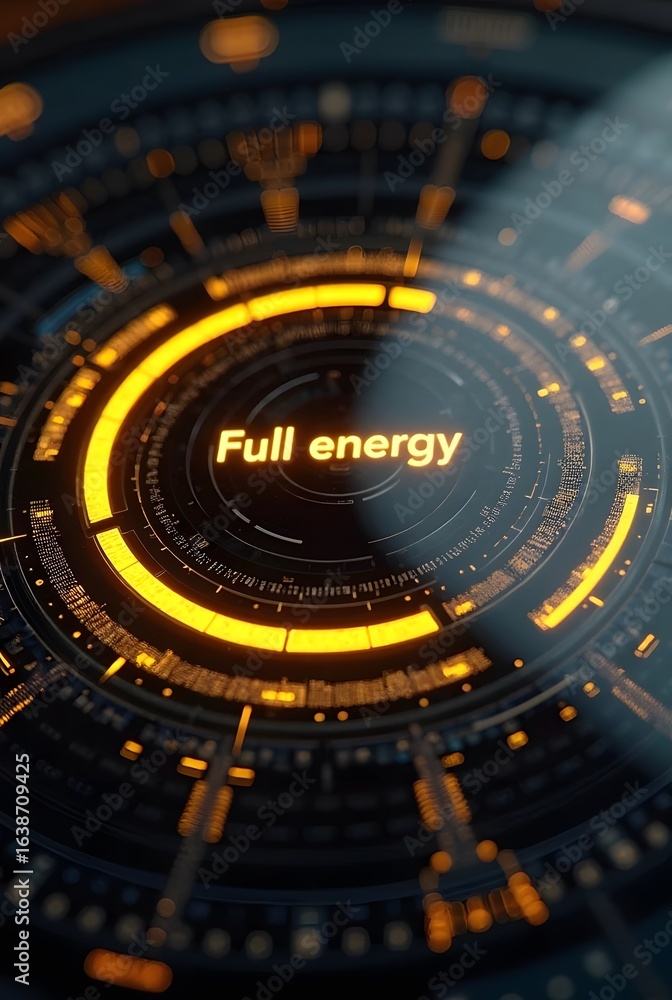 Poster circular glowing orange energy display indicates full energy, vertical composition. intricate techno