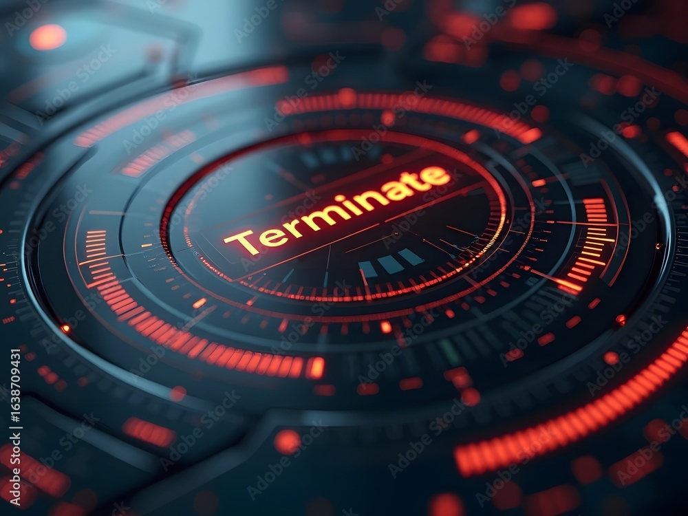 Poster futuristic interface displays the word terminate in glowing orange lettering, horizontal composition