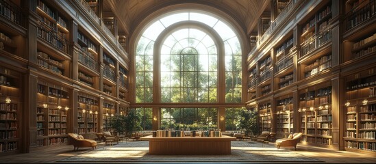 Luxurious, sunlit library with arched windows.