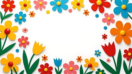 Colorful Floral Frame with Cutout Flowers on White Background
