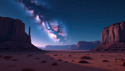 Obraz premium Milky Way over Monument Valley at Twilight, Desert Night Sky