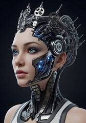 Cyborg Woman with Mechanical Headpiece and Blue Glowing Circuits robotic