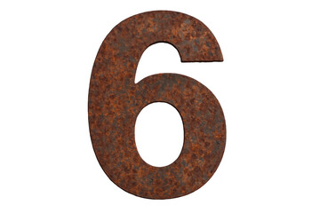 Numerals and Symbols: A Textured Rusty Metal Number Six Isolated on Black