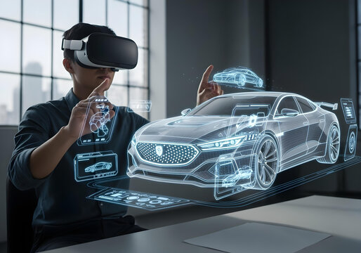 Man with VR headset designing futuristic sports car hologram with interactive 3D interface for automotive engineering prototyping and virtual product development