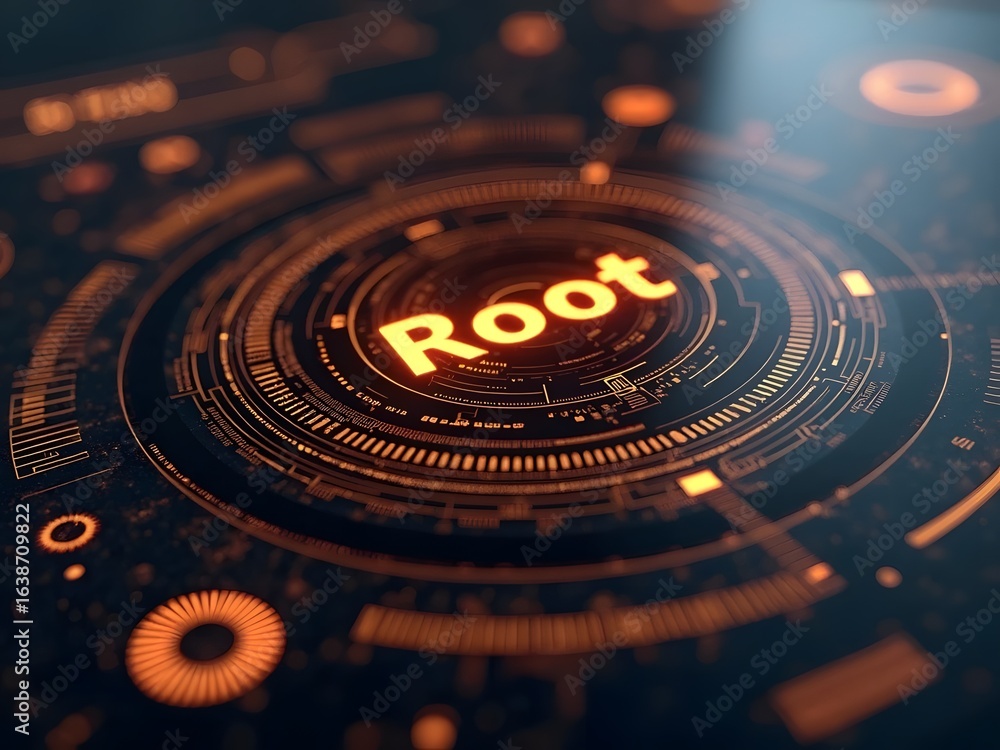 Poster Glowing orange text displays the word Root on a dark futuristic interface, horizontal composition. Intricate circular patterns and technological details create a visually stunning and high-tech.