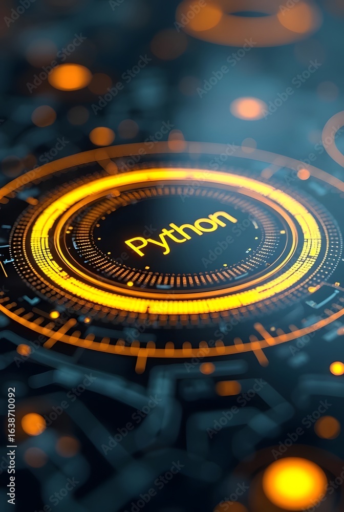 Aufkleber a vibrant orange and blue futuristic interface displays the word python in a glowing font, vertical 