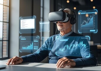 Older man using VR headset with floating holographic financial dashboards charts and reports for immersive business data analysis and virtual office work