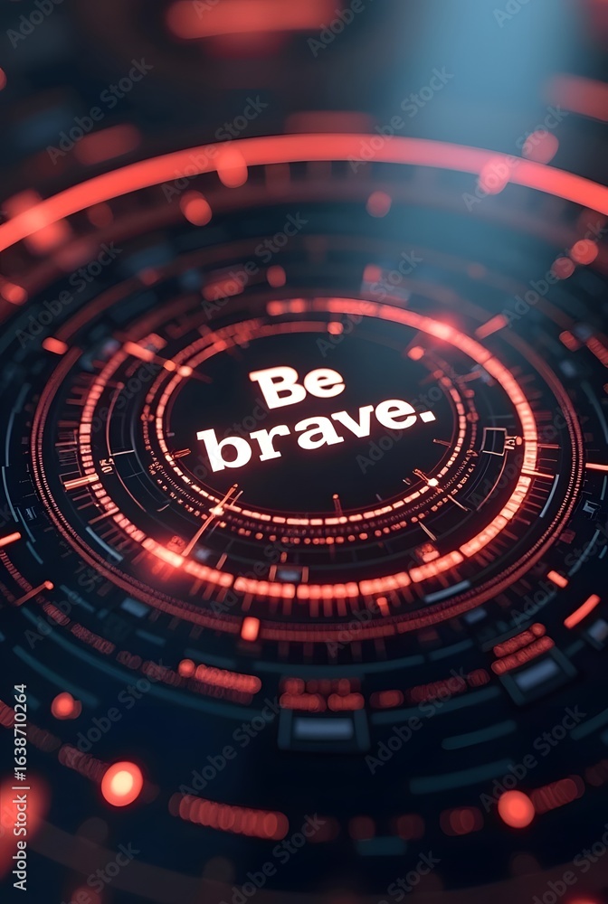 Poster red and black futuristic interface design features glowing concentric circles, vertical composition.