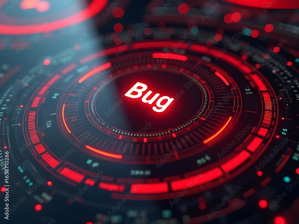 Poster red glowing circles create a futuristic interface, horizontal composition. the central word bug is h