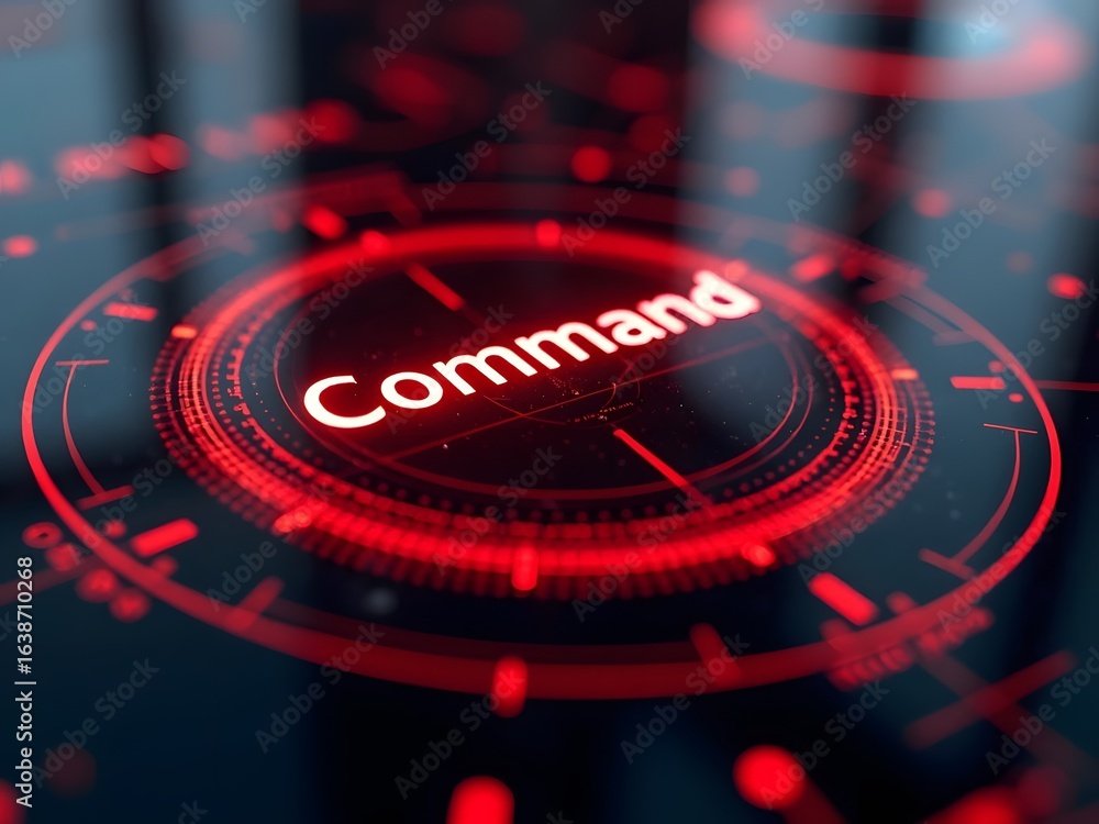 Poster red glowing digital command interface with concentric circles, horizontal composition. intricate des