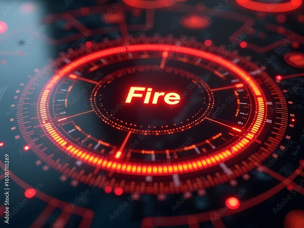 Aufkleber intense red hues illuminate a futuristic circular interface, horizontal composition. the word fire g