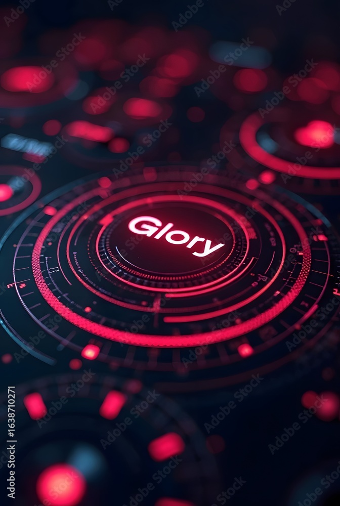 Poster red and black futuristic interface glows with vibrant energy, vertical composition. the word glory i