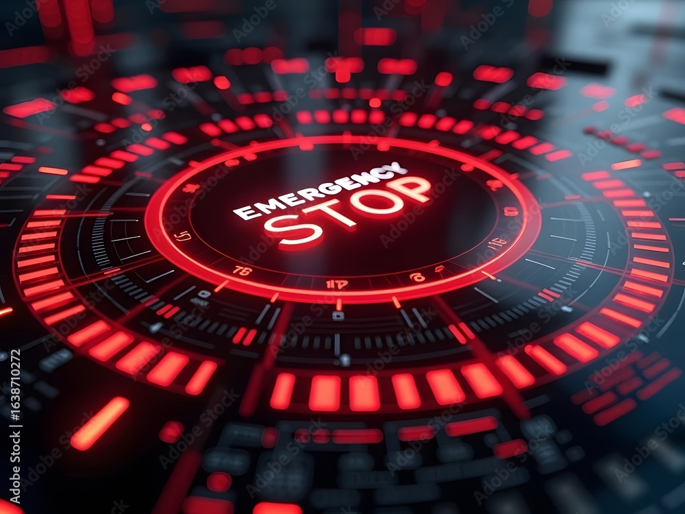 Aufkleber red alert emergency stop button glows intensely, horizontal composition. its futuristic circular des