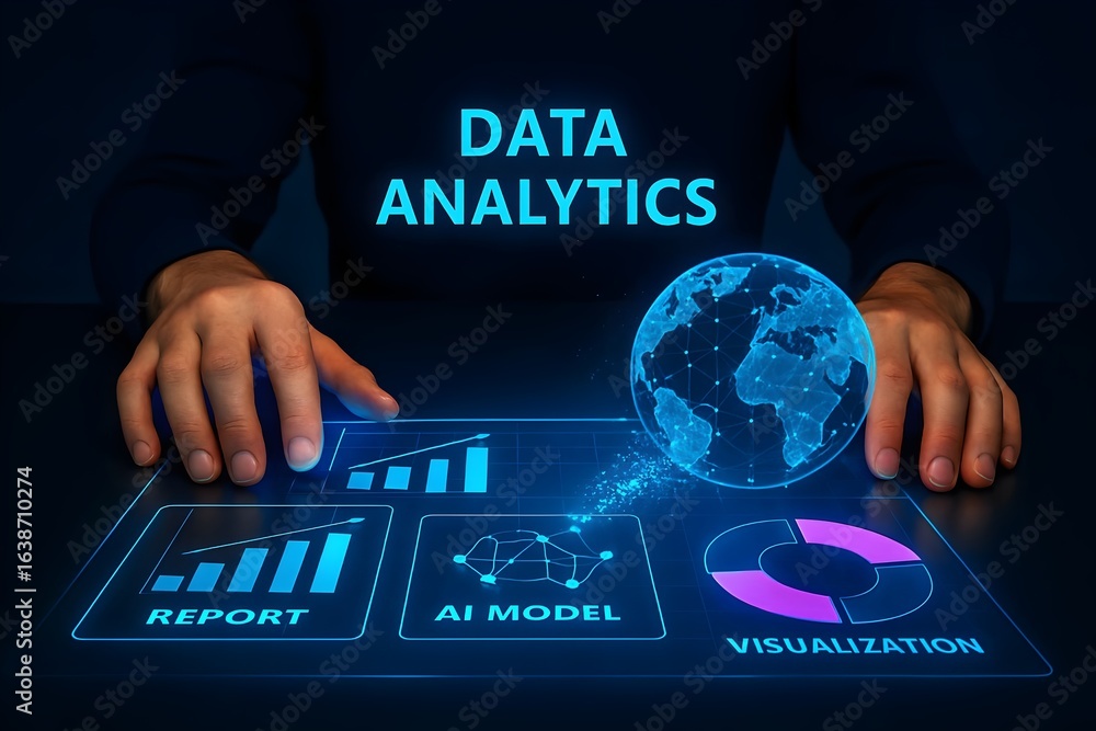 Poster data analytics concept with hands touching digital screen displaying report, ai model, visualization