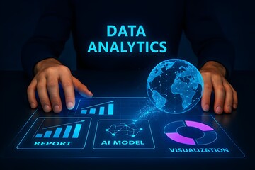 Data analytics concept with hands touching digital screen displaying report, ai model, visualization and a globe, representing business intelligence and global trends