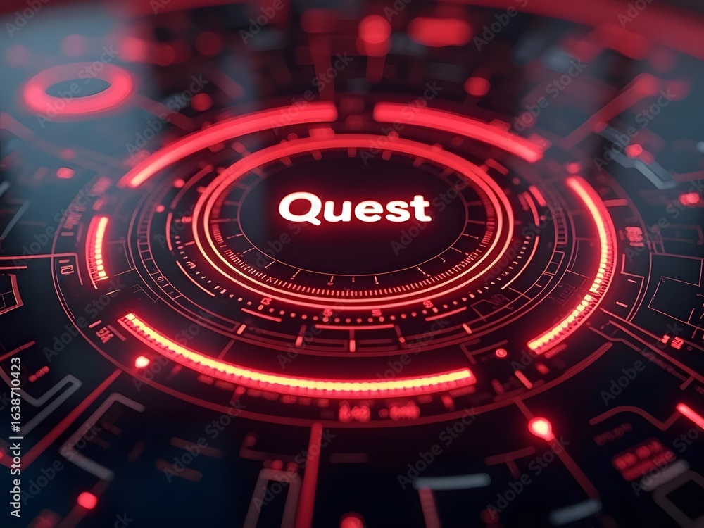 Poster red glowing circles form a futuristic interface displaying the word quest, horizontal composition. t