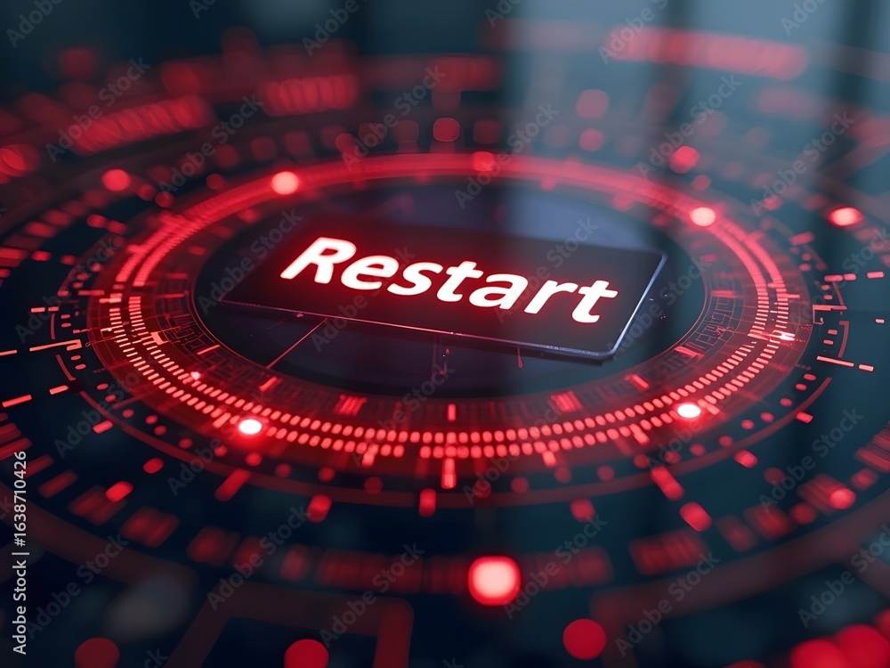 Poster a vibrant red digital interface glows intensely, showcasing a prominent restart button, horizontal c
