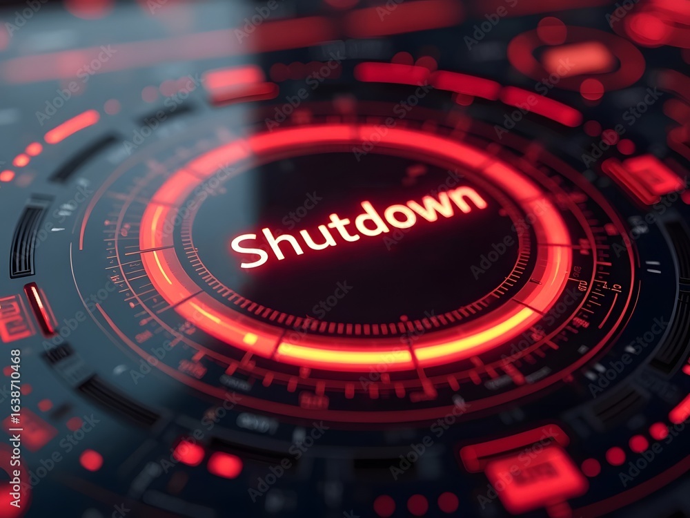 Poster red glowing circular interface displays the word shutdown in a futuristic design, horizontal composi