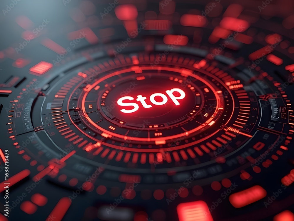 Poster red glowing futuristic interface displays the word stop, horizontal composition. this captivating di