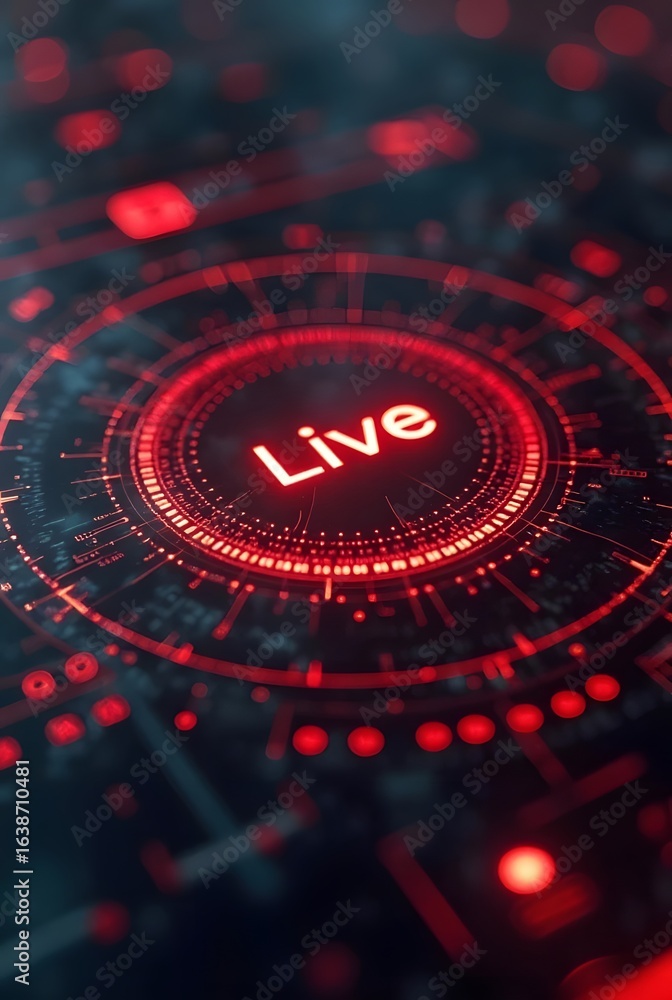 Poster red glowing live text is displayed on a futuristic circular interface, vertical composition. this vi