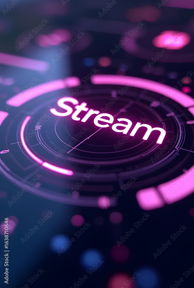 Poster vibrant pink neon lights illuminate the word stream within a futuristic circular interface, vertical