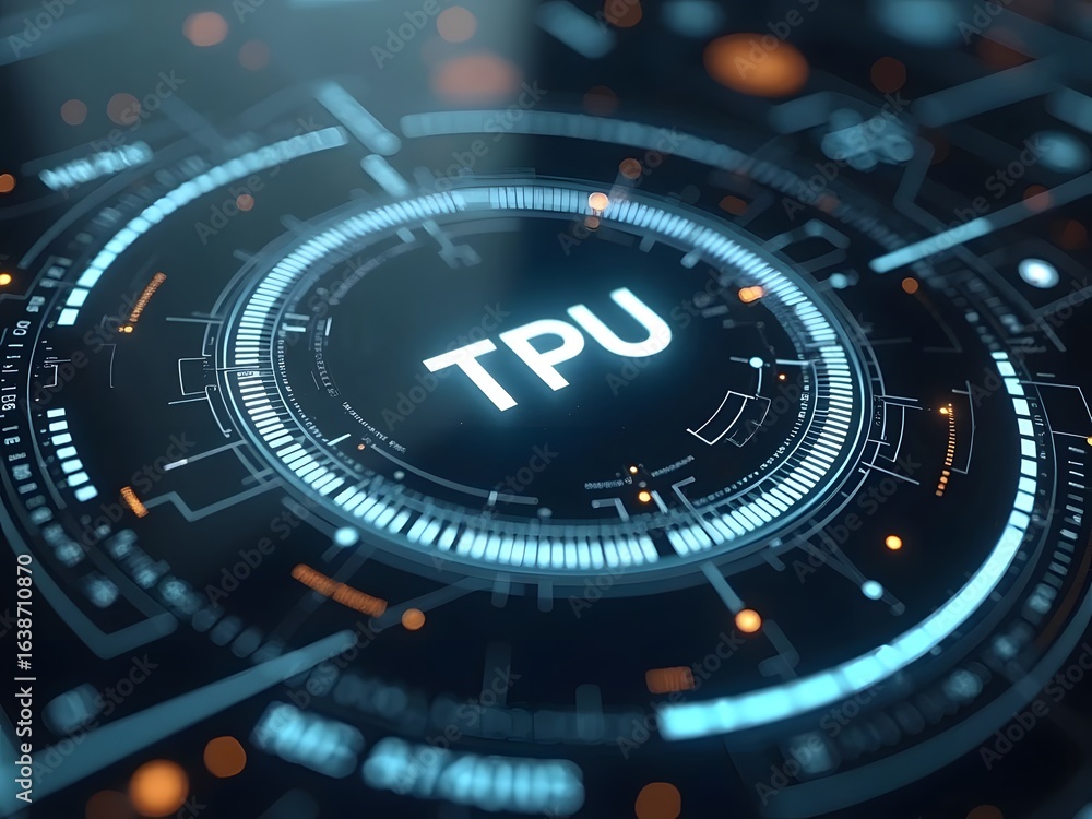 Poster abstract tpu technology interface glows with vibrant blue and orange hues, horizontal composition. i