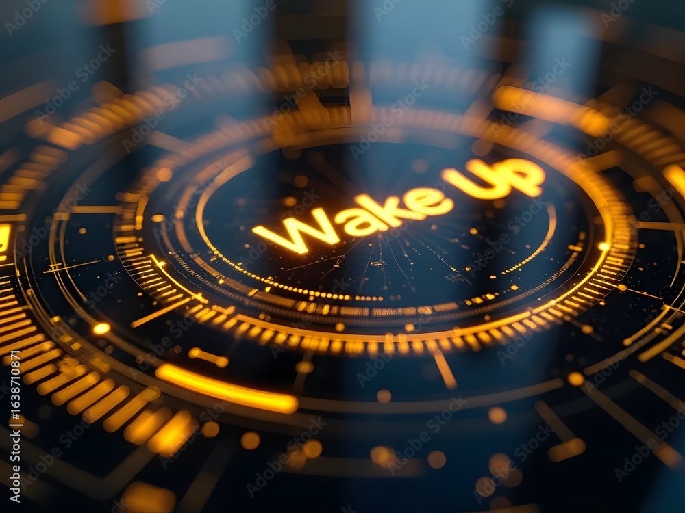 Aufkleber wake up call in vibrant orange glows on a futuristic black interface, horizontal composition. this d