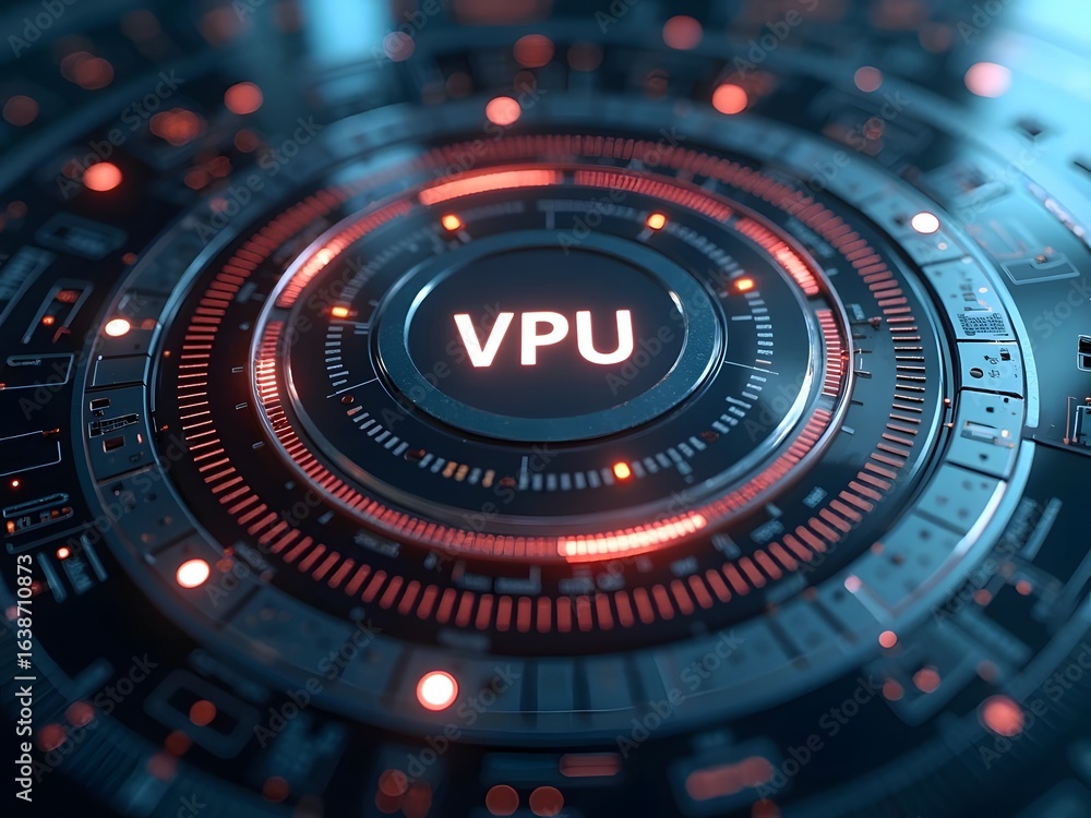Aufkleber vpu technology interface glows with vibrant red and blue hues, horizontal composition. its circular 